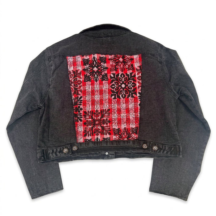 Hawaii Style Black Denim Jacket, Red/Black Palaka Quilt - Crop Leilanis Attic