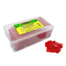 Container of sour strawberry gummy bears with a label on a white background
