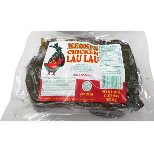 Keoki's Chicken Lau Lau with labels on a white background