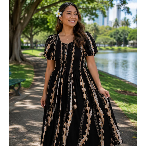 Ladies Rayon Cap Sleeve Dress, Puakenkeni/Pikake Paradise Isle Creations