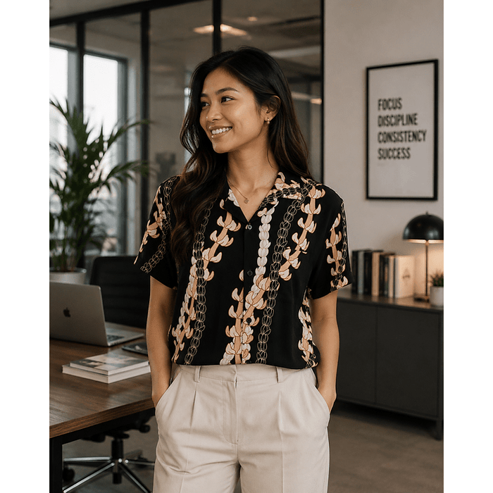 Lady's Aloha Shirt, BLACK PUAKENIKENI/PIKAKE Paradise Isle Creations