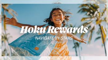 Child with open arms against a blue sky with 'Hoku Rewards' text overlay