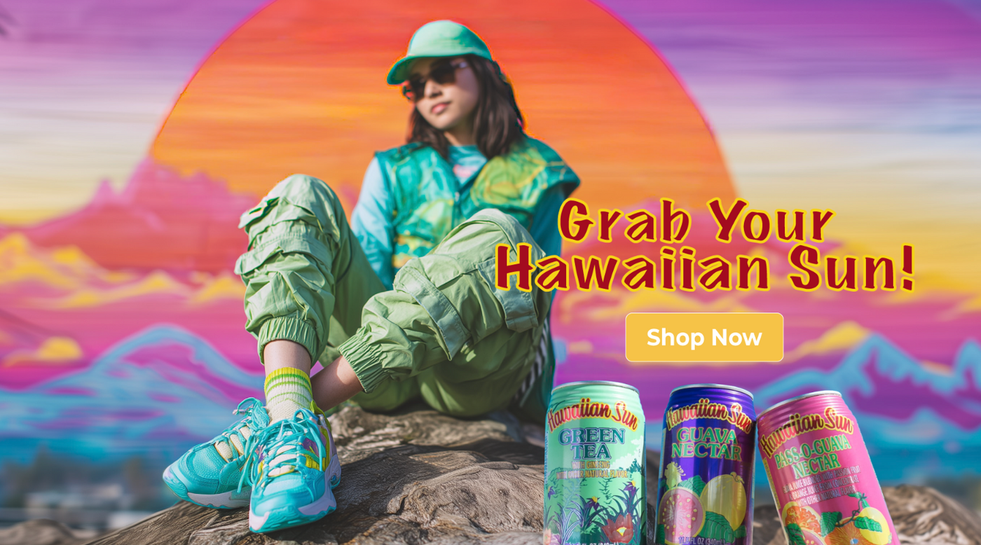 Person in colorful outfit with 'Hawaiian Sun' cans against a vibrant sunset background
