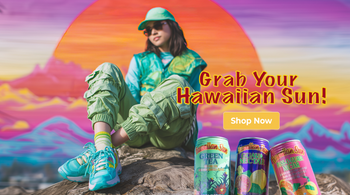 Person in colorful outfit with 'Hawaiian Sun' product and promotional text against a vibrant sunset background.
