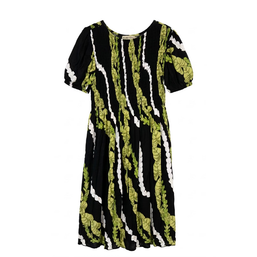 Long Lady's Rayon Cap Sleeve Dress,  "BLACK KALO/PIKAKE LEI" Paradise Isle Creations
