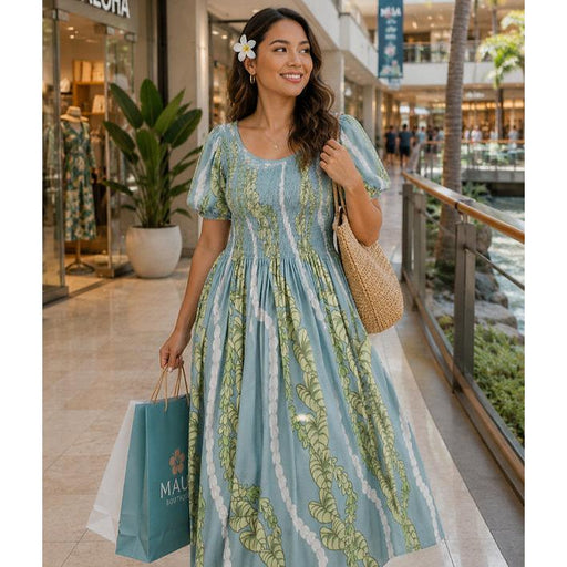 Long Lady's Rayon Cap Sleeve Dress,  "BLUE KALO/PIKAKE LEI" Paradise Isle Creations
