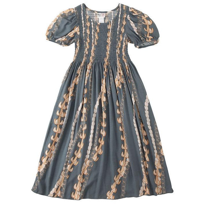 Long Lady's Rayon Cap Sleeve Dress, "GRAY PUAKENIKENI/PIKAKE LEI" Paradise Isle Creations