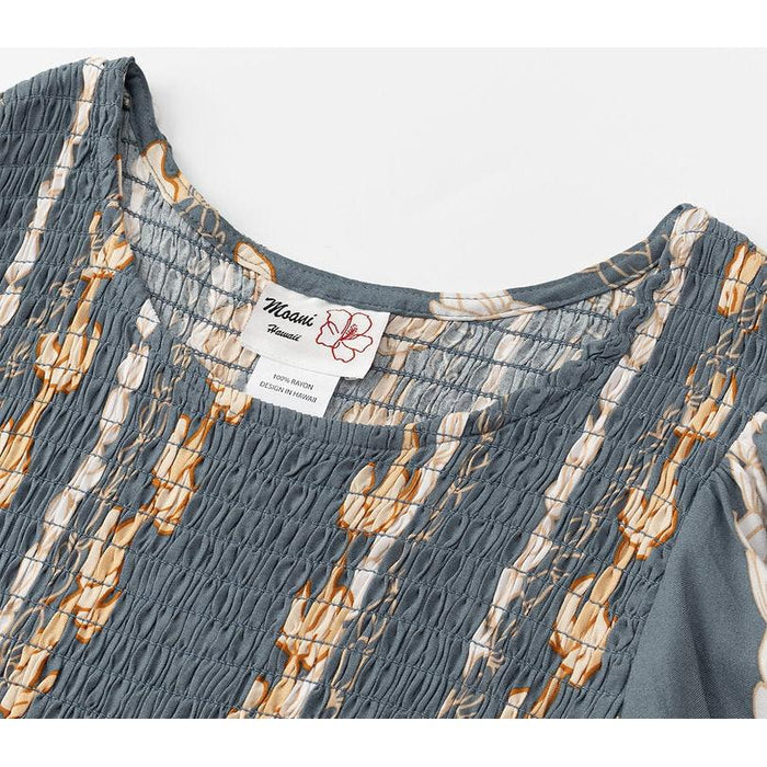 Long Lady's Rayon Cap Sleeve Dress, "GRAY PUAKENIKENI/PIKAKE LEI" Paradise Isle Creations