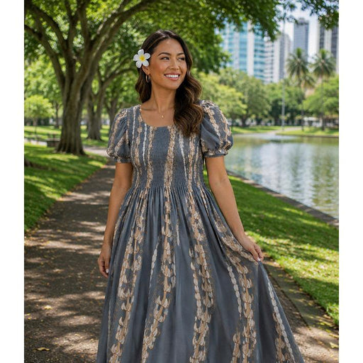 Long Lady's Rayon Cap Sleeve Dress, "GRAY PUAKENIKENI/PIKAKE LEI" Paradise Isle Creations