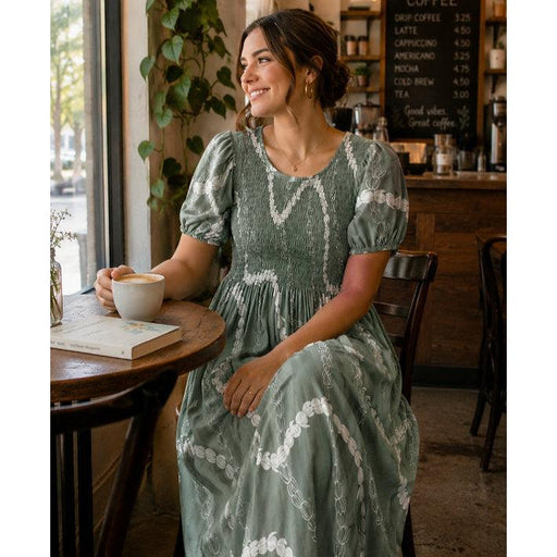 Long Lady'sRayon Cap Sleeve Dress, "SAGE GREEN PIKAKE LEI" Paradise Isle Creations