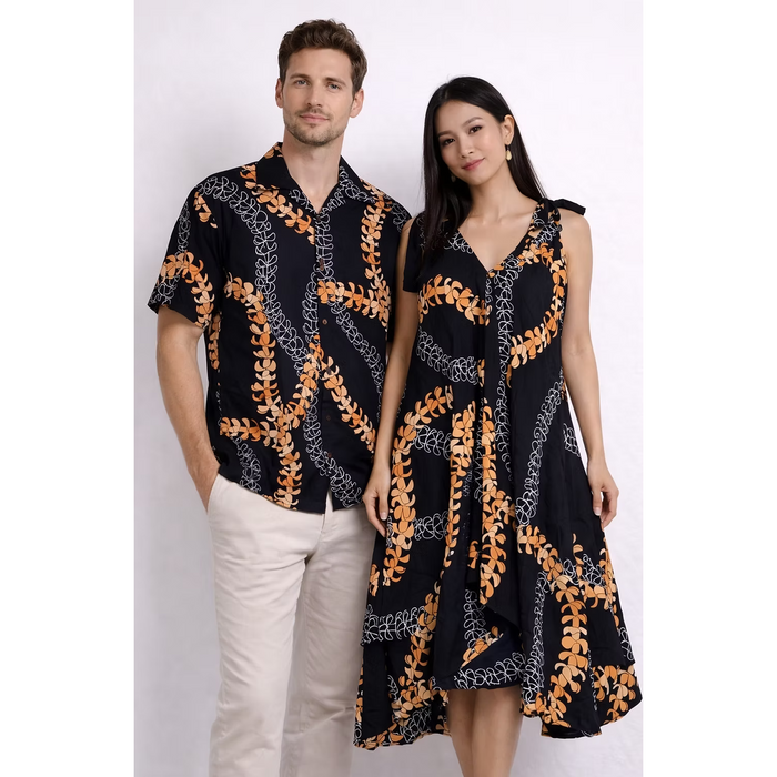 Moani Maxi Dress, Black with Yellow Puakenkeni Lei Paradise Isle Creations
