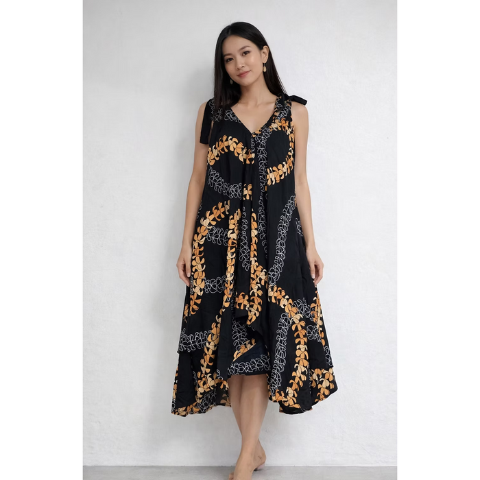 Moani Maxi Dress, Black with Yellow Puakenkeni Lei Paradise Isle Creations