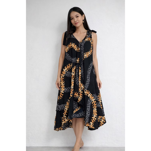 Moani Maxi Dress, Black with Yellow Puakenkeni Lei Paradise Isle Creations