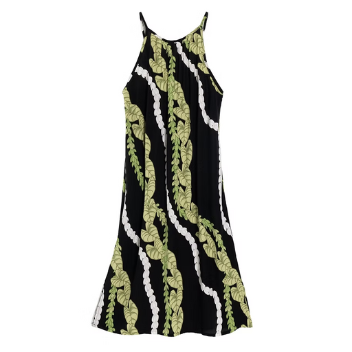 Moani Womens Long Maxi Dress "Kalo / Pikake Lei", Black Paradise Isle Creations