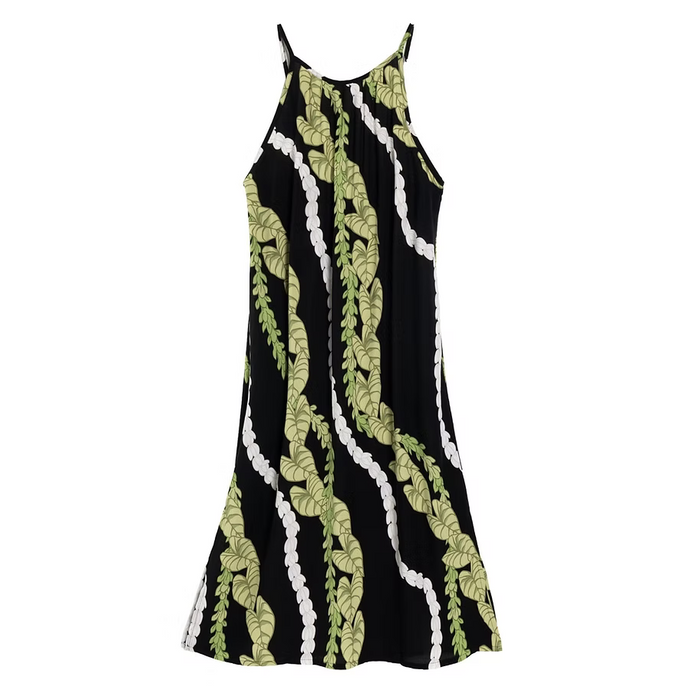 Moani Womens Long Maxi Dress "Kalo / Pikake Lei", Black Paradise Isle Creations