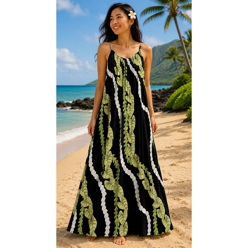 Moani Womens Long Maxi Dress "Kalo / Pikake Lei", Black Paradise Isle Creations