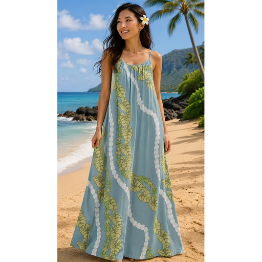 Moani Womens Long Maxi Dress "Kalo / Pikake Lei", Blue Paradise Isle Creations