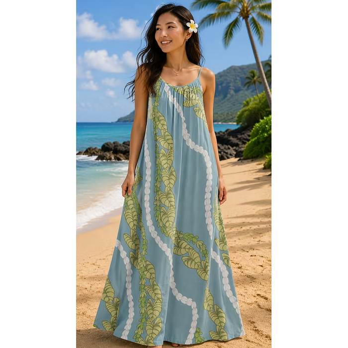Moani Womens Long Maxi Dress "Kalo / Pikake Lei", Blue Paradise Isle Creations