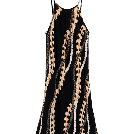 Moani Womens Long Maxi Dress "Puakenikeni Pikake Lei", Black Paradise Isle Creations