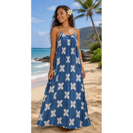 Moani Womens Long Maxi Dress "Ulu Quilt", Blue Paradise Isle Creations