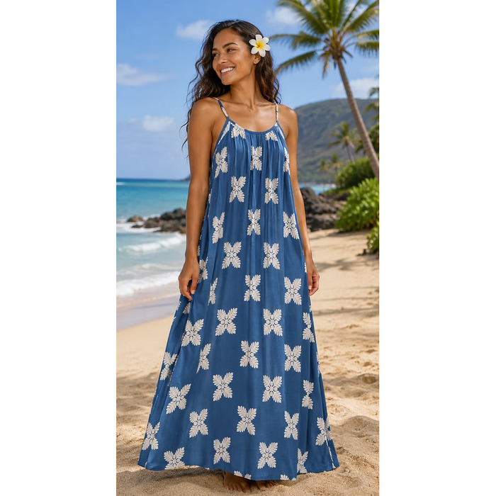 Moani Womens Long Maxi Dress Ulu Quilt, Blue