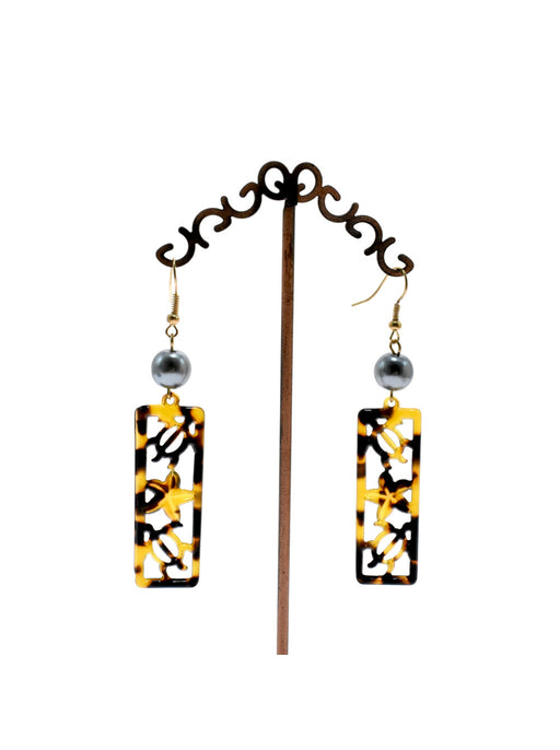 Brown Faux Honu Shell Outline with Pearl Dangle Earrings DK Hawaiian Collection