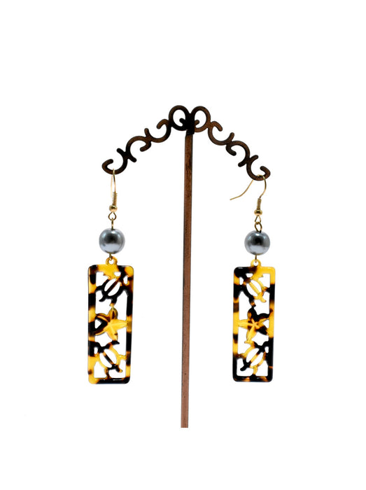 Brown Faux Honu Shell Outline with Pearl Dangle Earrings DK Hawaiian Collection