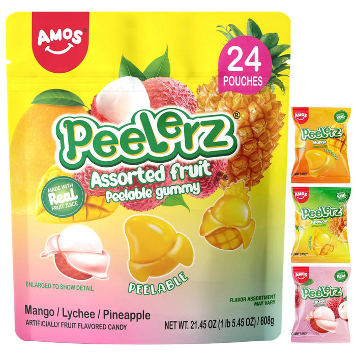 Peelerz - Peelable Gummy Assorted Fruit (Lychee+Pineapple+Mango) - 1lb Bag - Food
