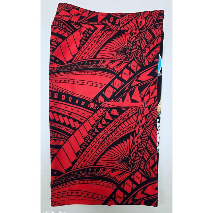 "Red Tribal/Ulua Fish" Board Short Men's 4 Way Stretch - Wailoa - Board Shorts - Mens