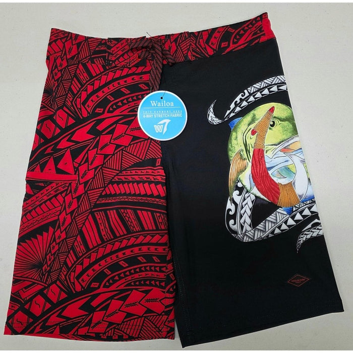"Red Tribal/Ulua Fish" Board Short Men's 4 Way Stretch - Wailoa - Board Shorts - Mens