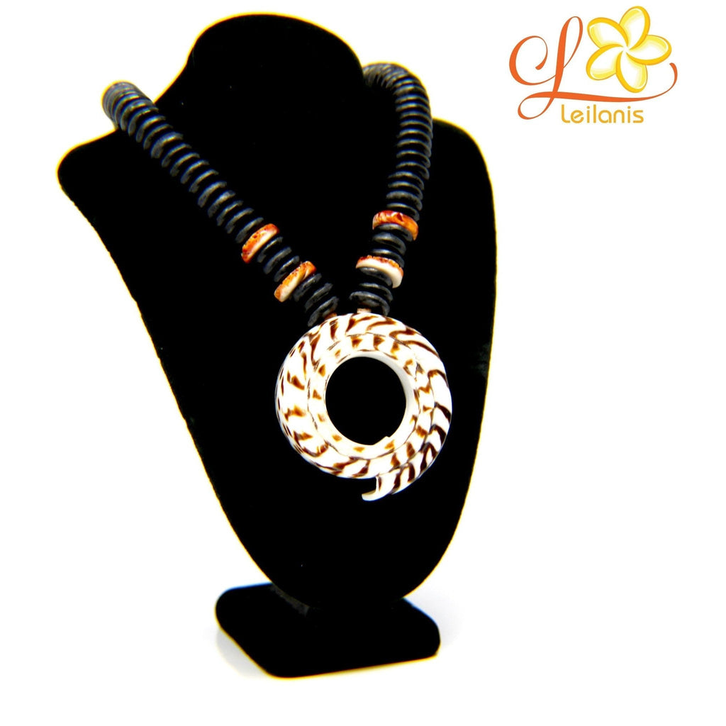 Spiral Shell Necklace with Black and Coral Beads, 2" shell