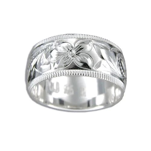 Sterling Silver 10MM Hawaiian Plumeria and Scroll Ring with Coin Edge PCU INC