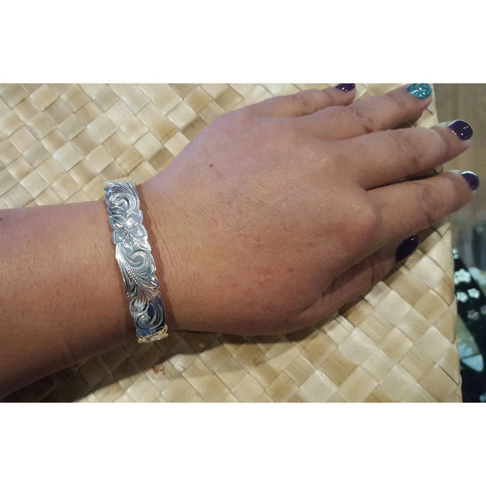 Sterling Silver Plumeria Bangle, 12mm - Jewelry