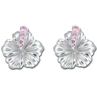 Sterling Silver 15MM Hawaiian Hibiscus with CZ Earrings-Jewelry-Leilanis Attic