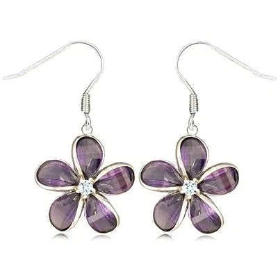 Sterling Silver 15MM Hawaiian Plumeria with Semi-Precious Purple Amethyst Fish Wire Earrings PCU INC
