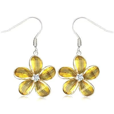 Sterling Silver 15MM Hawaiian Plumeria with Semi-Precious Yellow Citrine Fish Wire Earrings PCU INC