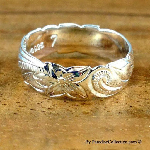 Sterling Silver 6mm Hawaiian Plumeria and Scroll Ring with Cut - Out Edge - Ring