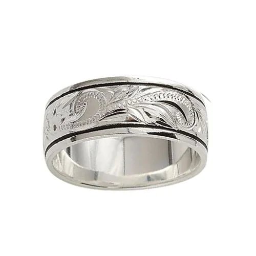 Sterling Silver 8MM Hawaiian Plumeria and Scroll Ring with Black Border PCU INC