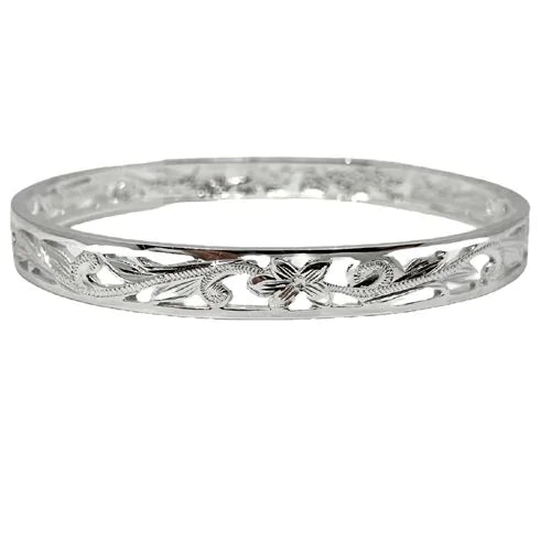 Sterling Silver 8mm Cut-in Hawaiian Plumeria and Scroll with Plain Edge Bangle PCU INC