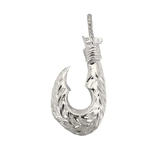 Sterling Silver Hawaiian Fish Hook with Two Sided Engraved Maile Leaf Pendant, Medium PCU INC