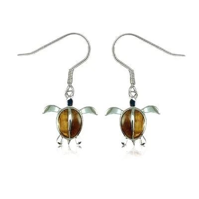Sterling Silver Hawaiian Koa Wood Honu Fish Wire Earrings PCU INC
