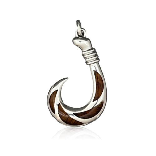 curly koa wood fish hook Sterling Silver Hawaiian Men Style Koa Wood Cutout Inlay Fish Hook