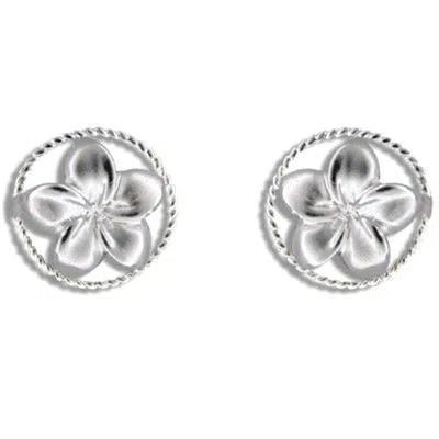 Sterling Silver Hawaiian Plumeria in Circle Design Pierced Earrings - Jewelry