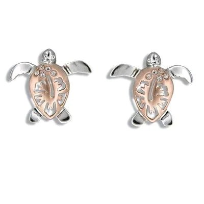 Sterling Silver Hawaiian Rose Two Tone Hibiscus Honu Pierced Earrings PCU INC