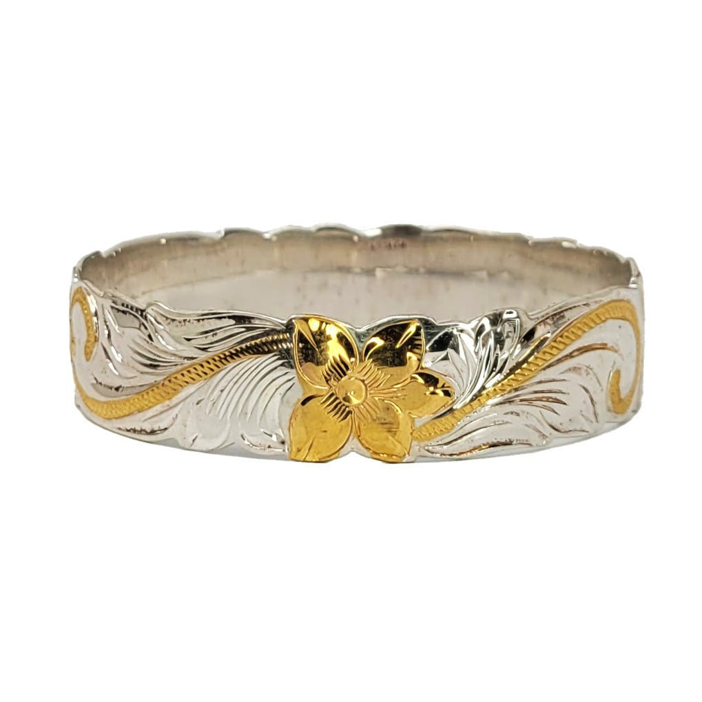 925 Sterling Silver Hawaiian Bangle Bracelet – Rose Gold Queen Scroll Plumeria Cut Out, 6mm Wide