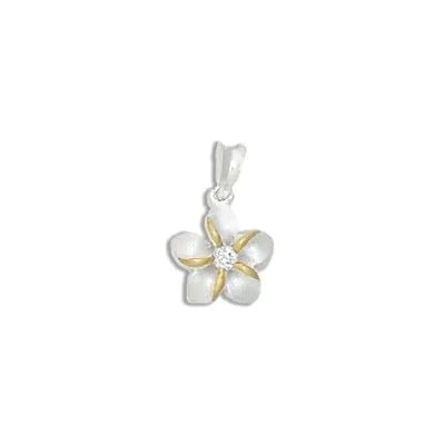 Sterling Silver Two Tone Hawaiian Plumeria with Clear CZ Design Pendant - Jewelry - Leilanis Attic