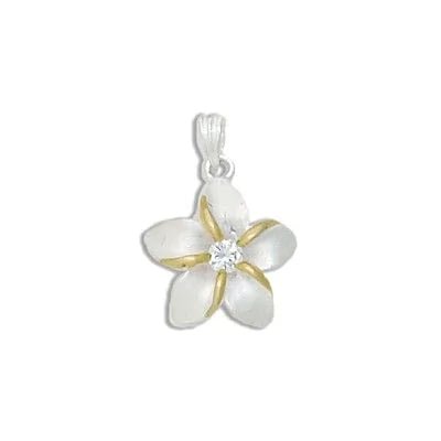 Sterling Silver Two Tone Hawaiian Plumeria with Clear CZ Design Pendant - Jewelry - Leilanis Attic