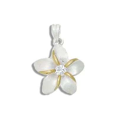 Sterling Silver Two Tone Hawaiian Plumeria with Clear CZ Design Pendant - Jewelry - Leilanis Attic