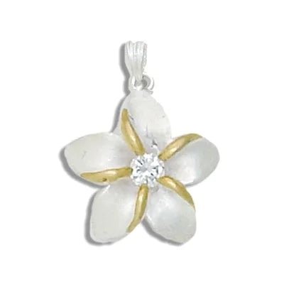 Sterling Silver Two Tone Hawaiian Plumeria with Clear CZ Design Pendant - Jewelry - Leilanis Attic