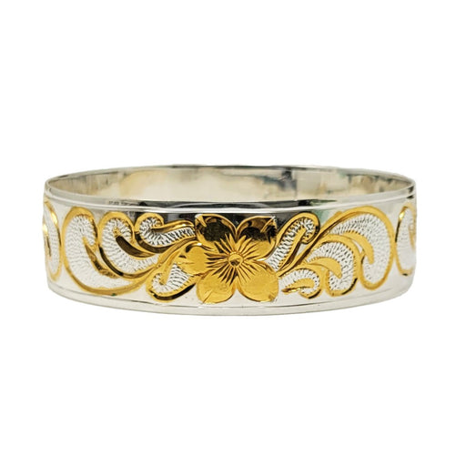 Sterling Silver Two - Tone Raised “Kuuipo” Queen Scroll Straight Edge Bangle, 18mm - Jewelry